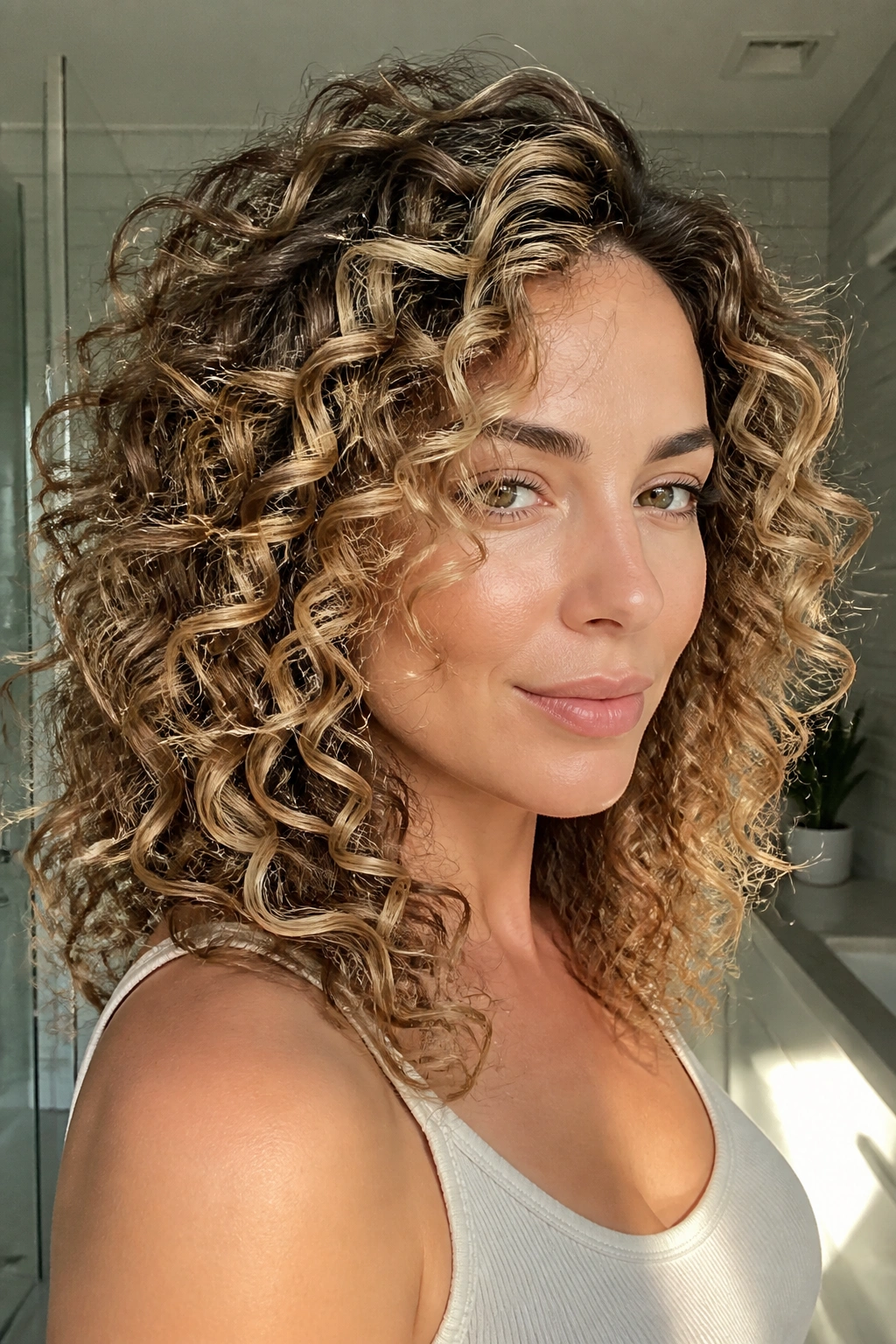Close-up of curly hair with frosted honey highlights on a real person