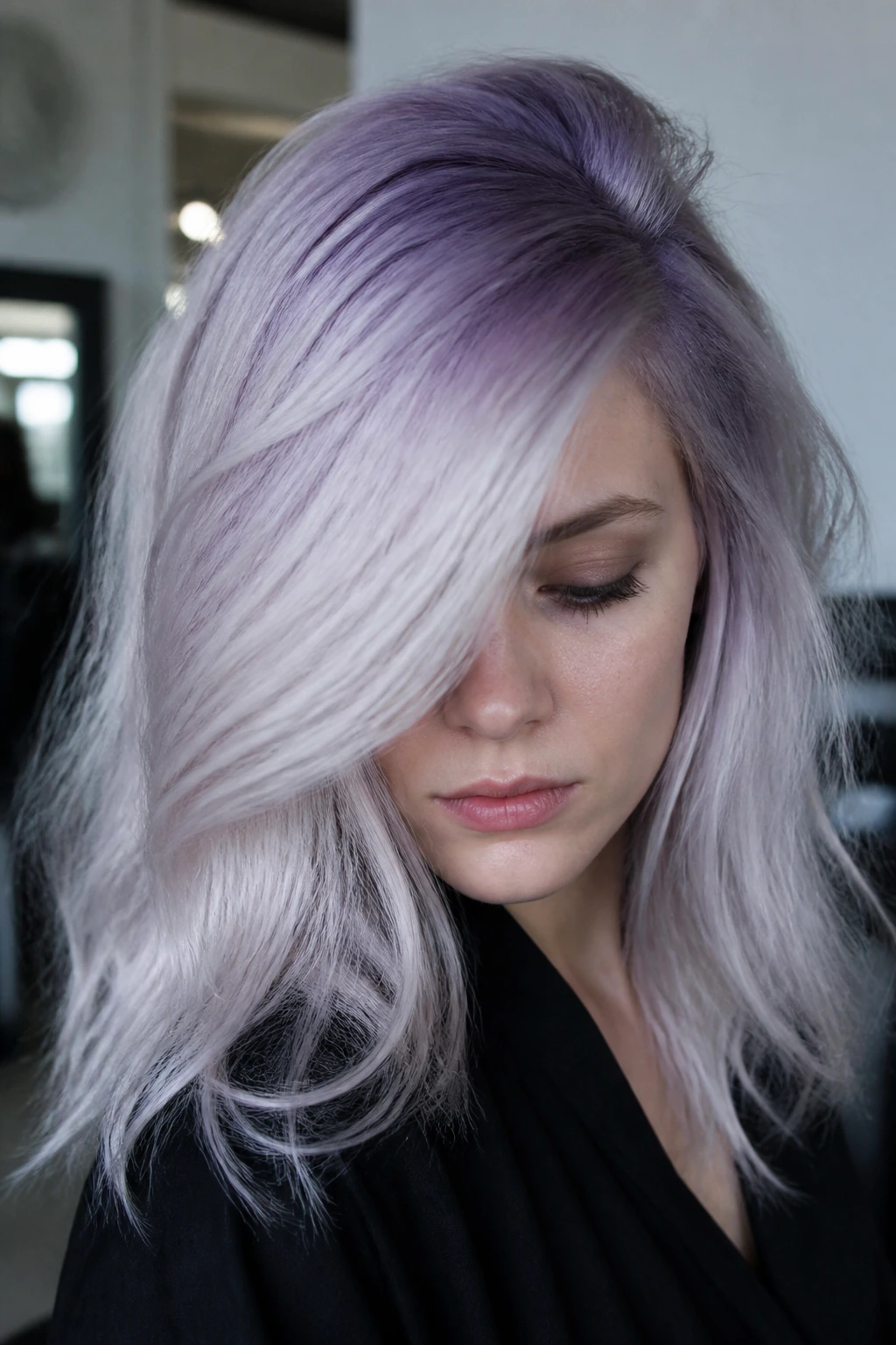 Close-up of a real person with icy silver-lavender hair and violet core in a cool-toned salon setting.