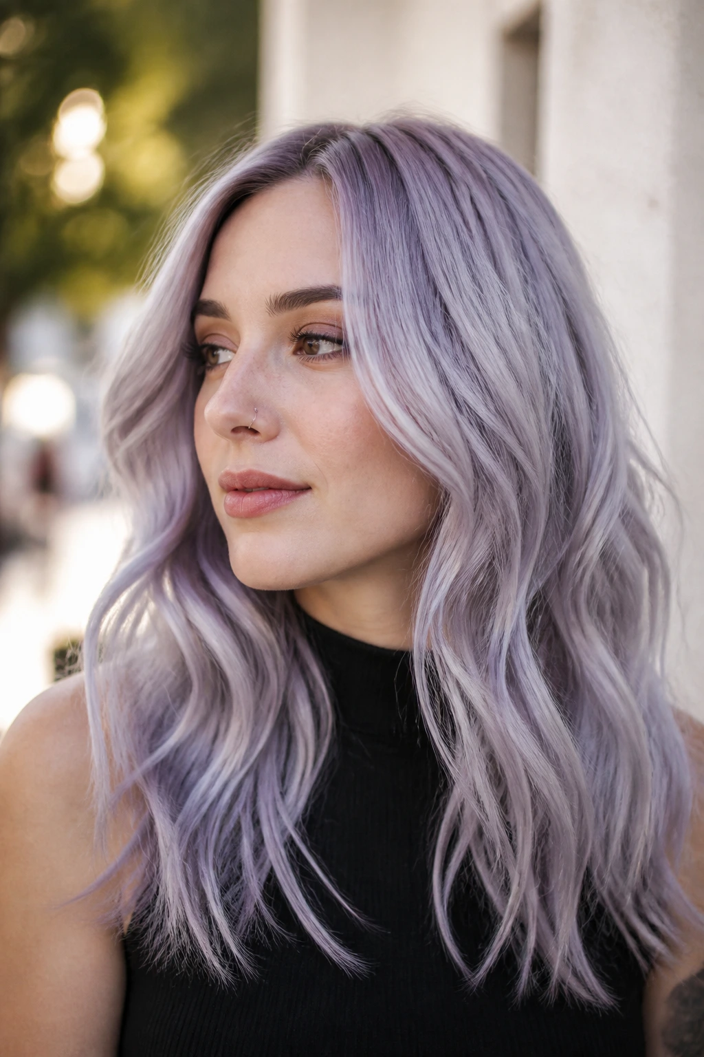 Real person with frosted lavender waves in natural light.