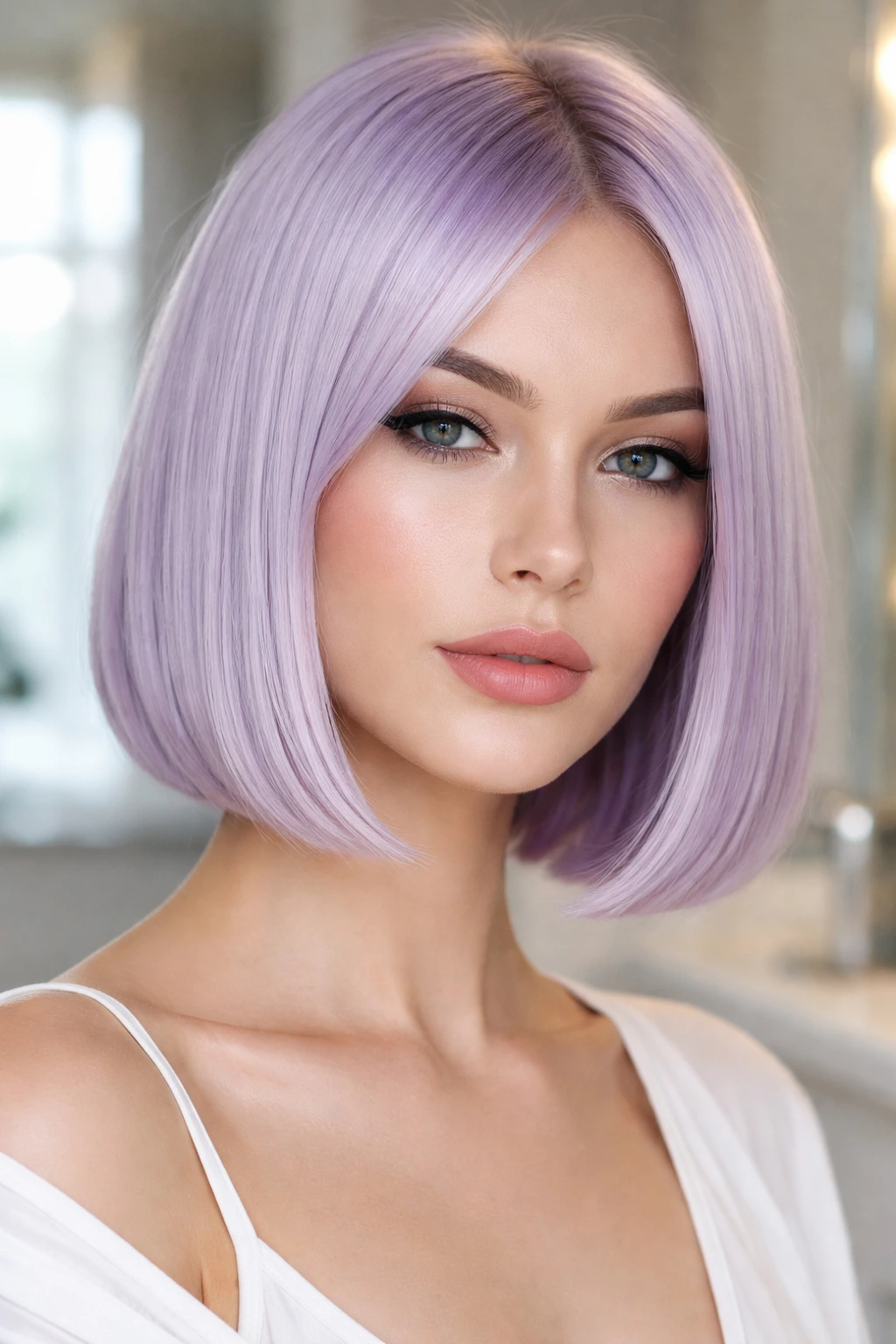 Close-up portrait of a real woman with a frosted lilac bob