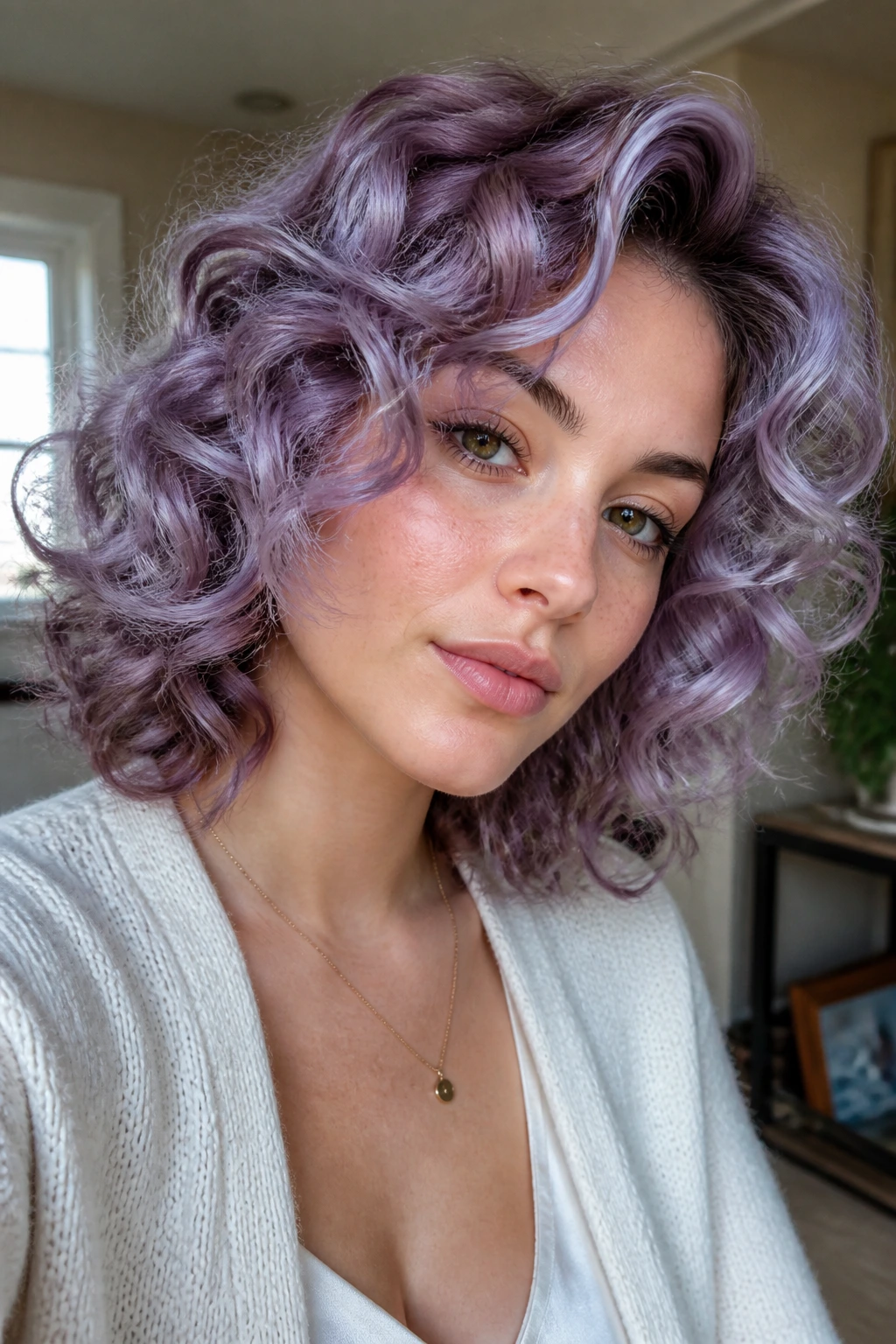 Close-up of a real person with frosted lilac curls
