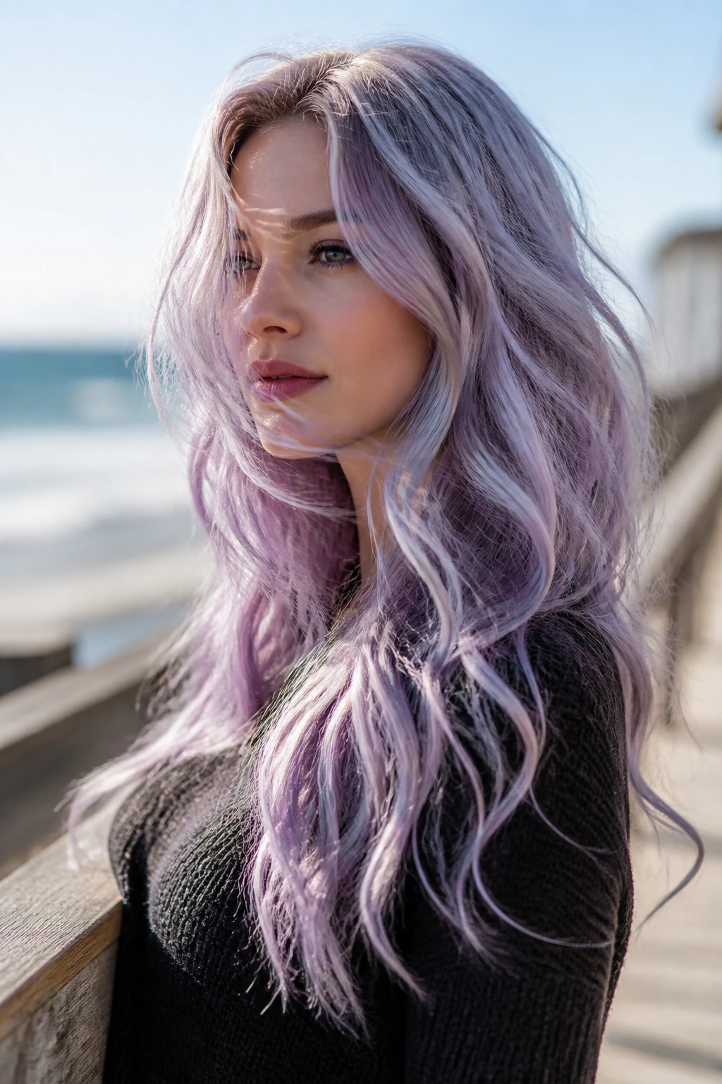 Real woman with frosted lilac mermaid waves in coastal light.