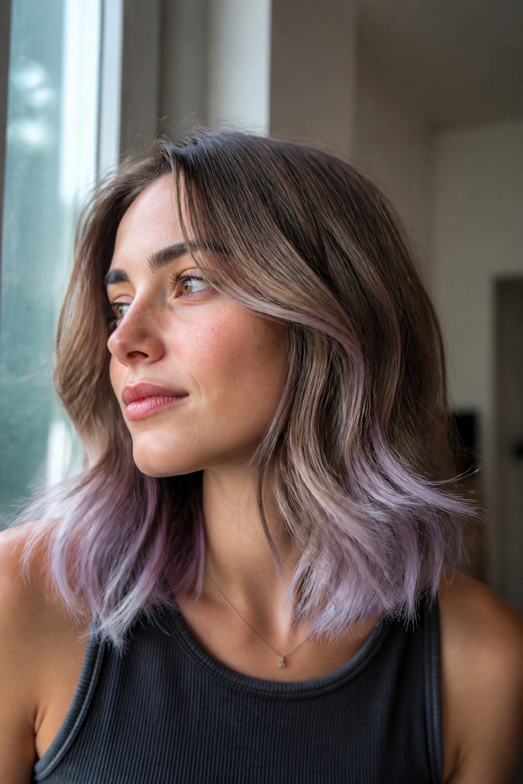 Close-up of layered hair with frosted lilac tips on a real person.