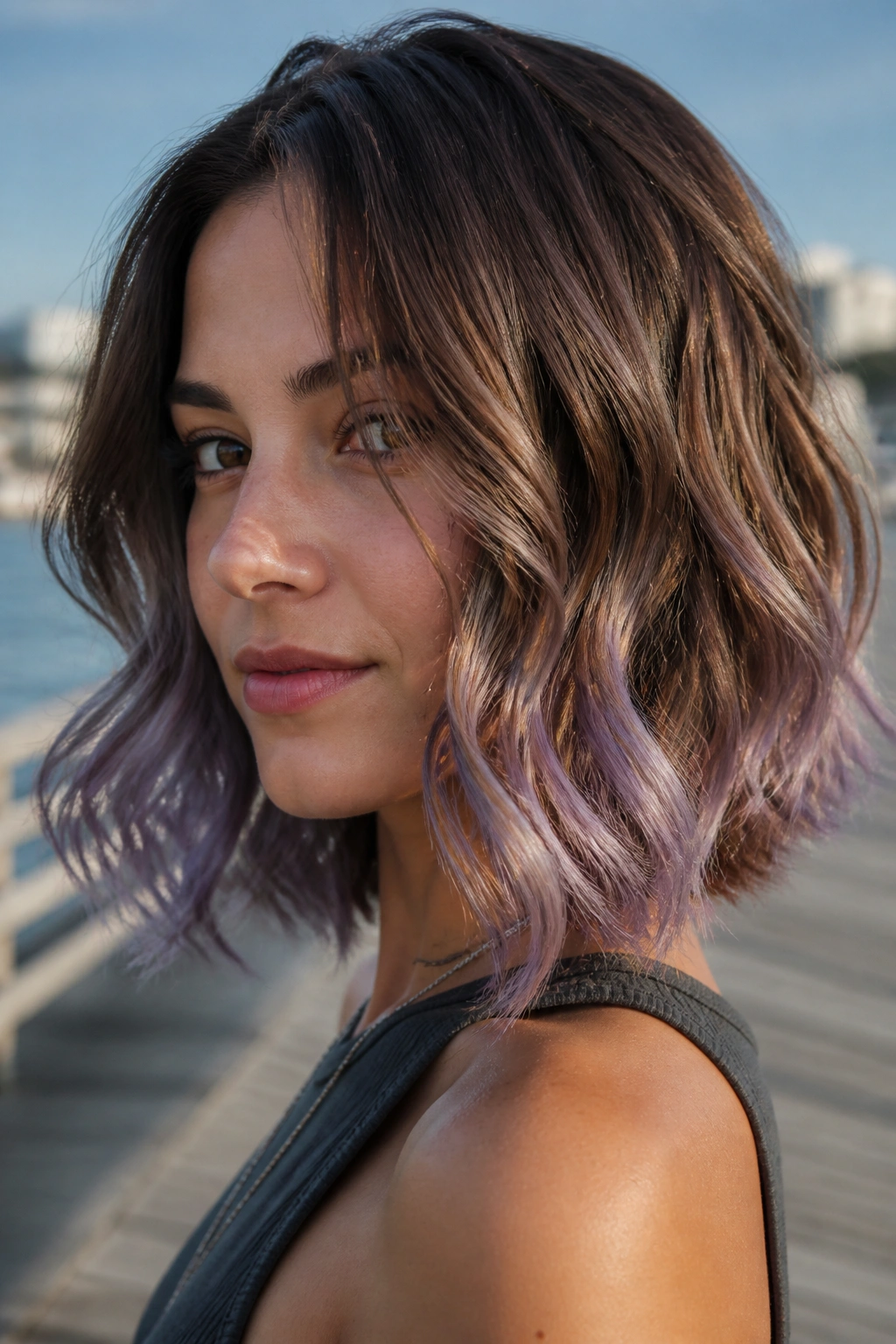 Close-up portrait of a real woman with a wavy lob and frosted lilac tips