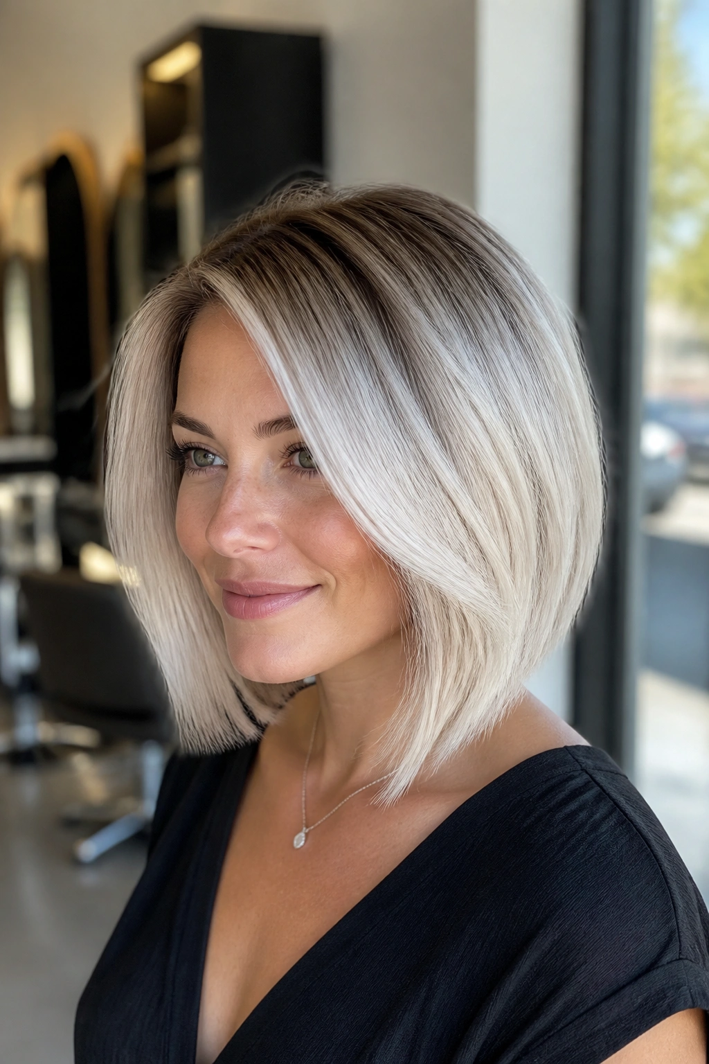Medium close-up of a real woman with frosted lob and shadow root in cool undertones.
