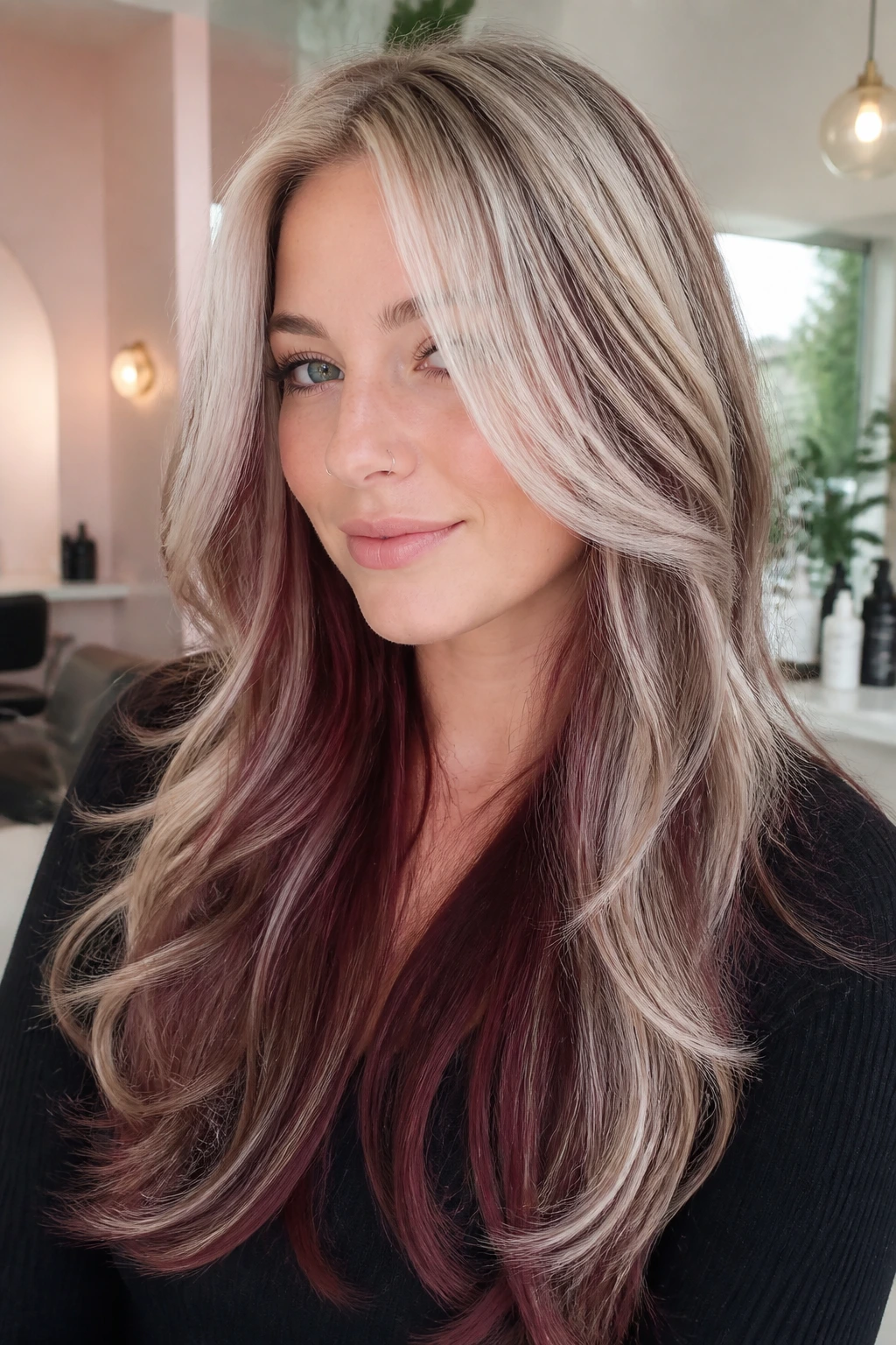 Close-up of a real woman with frosted long layers and burgundy money lights
