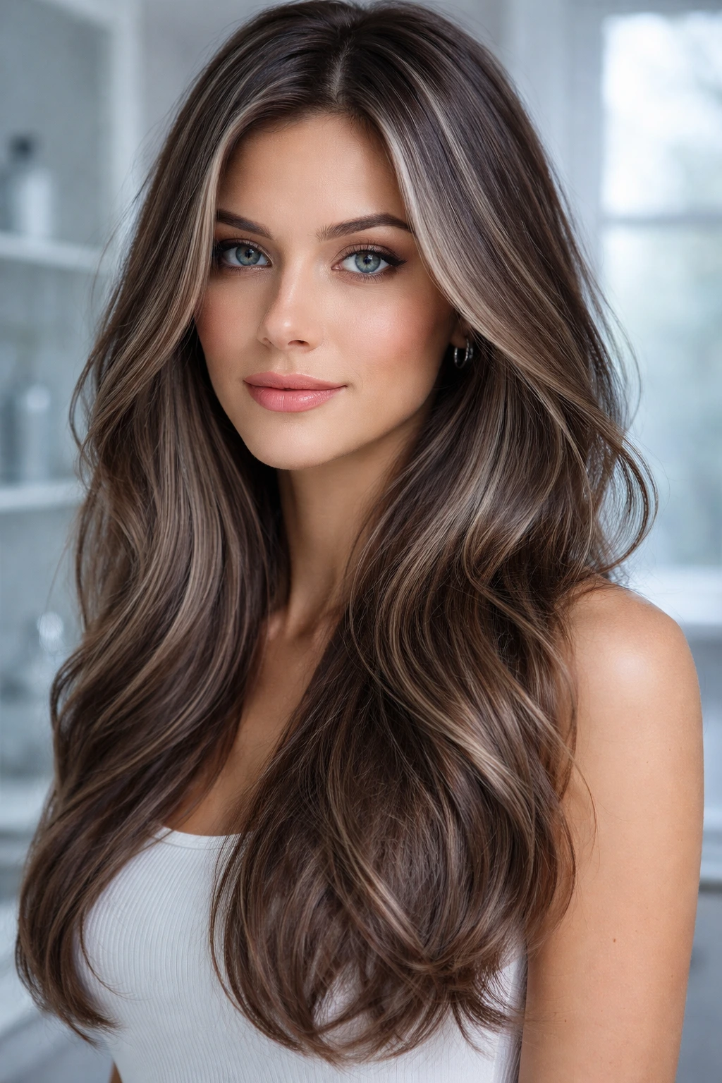 Close-up portrait of a real woman with Frosted Mocha hair and delicate cool frosted highlights
