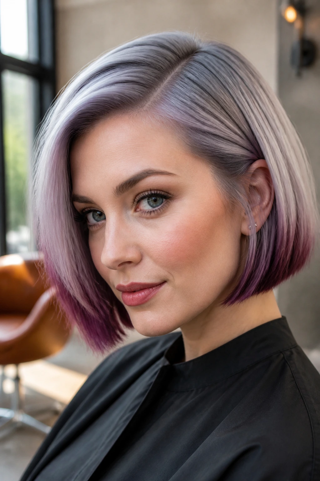 Real woman with frosted mulberry bob featuring silver top and mulberry ends in a salon setting.