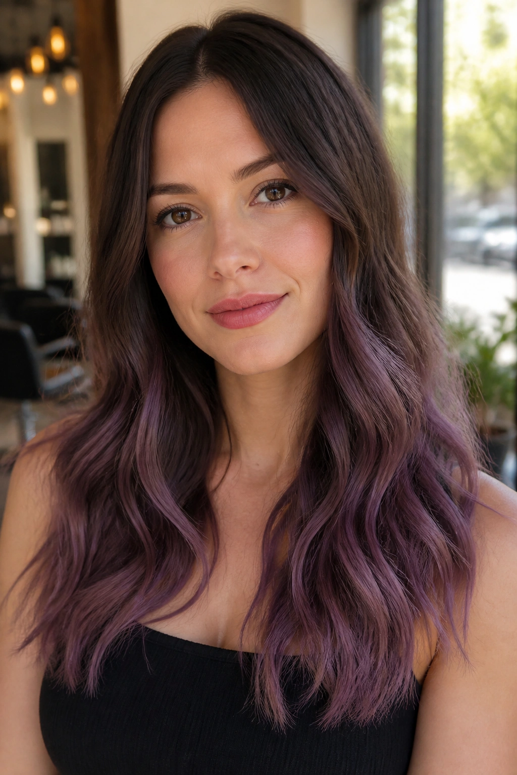 Close-up of a real woman with Frosted Mulberry Ends hairstyle (dark roots, muted purple ends).