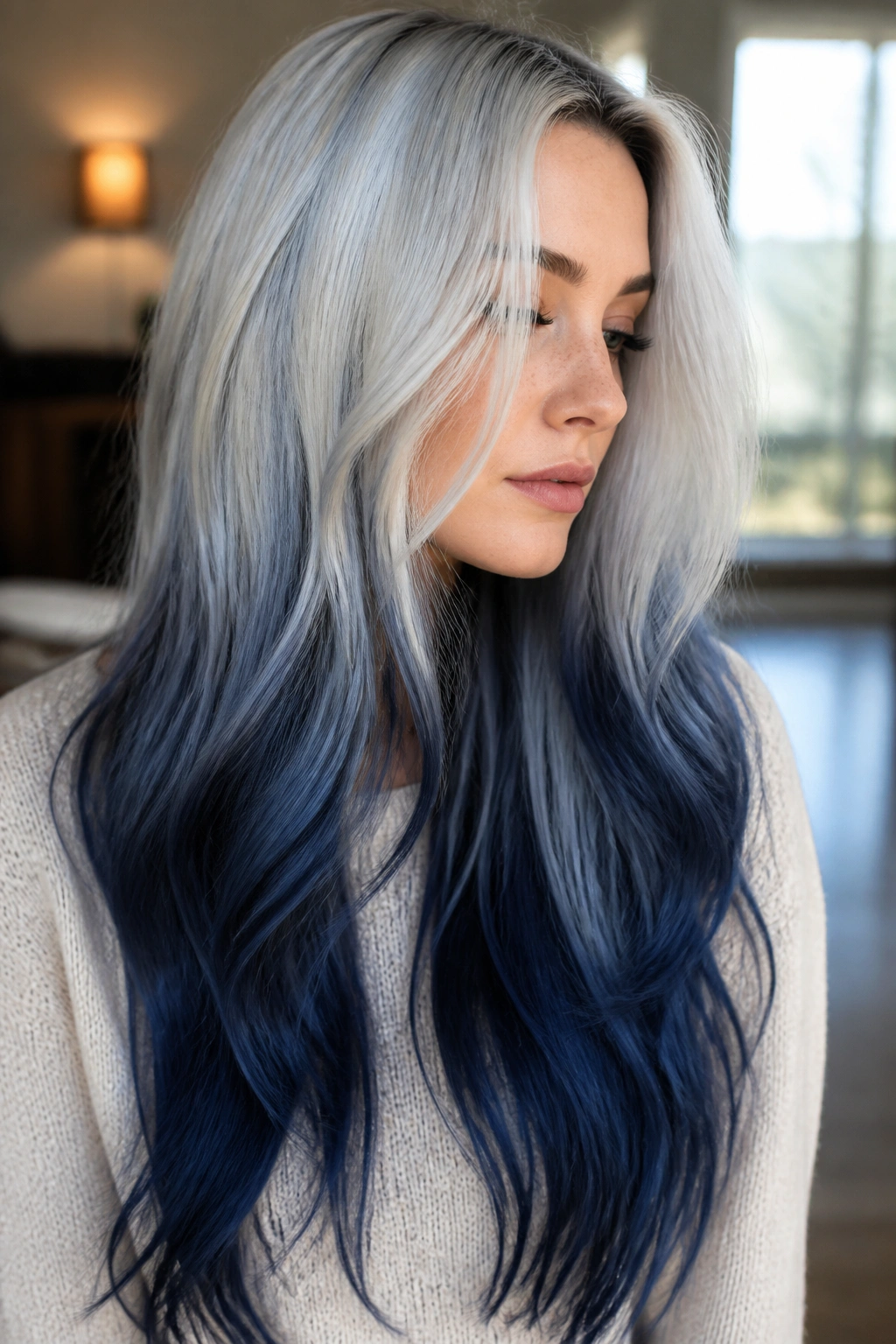 Close-up portrait of a real woman with frosted navy ends on long layered hair.