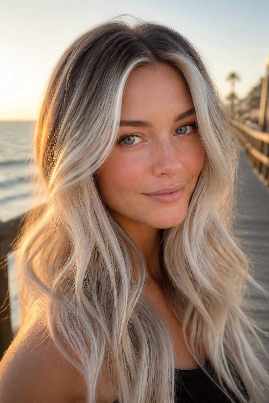 Portrait of a woman with frosted platinum balayage highlights