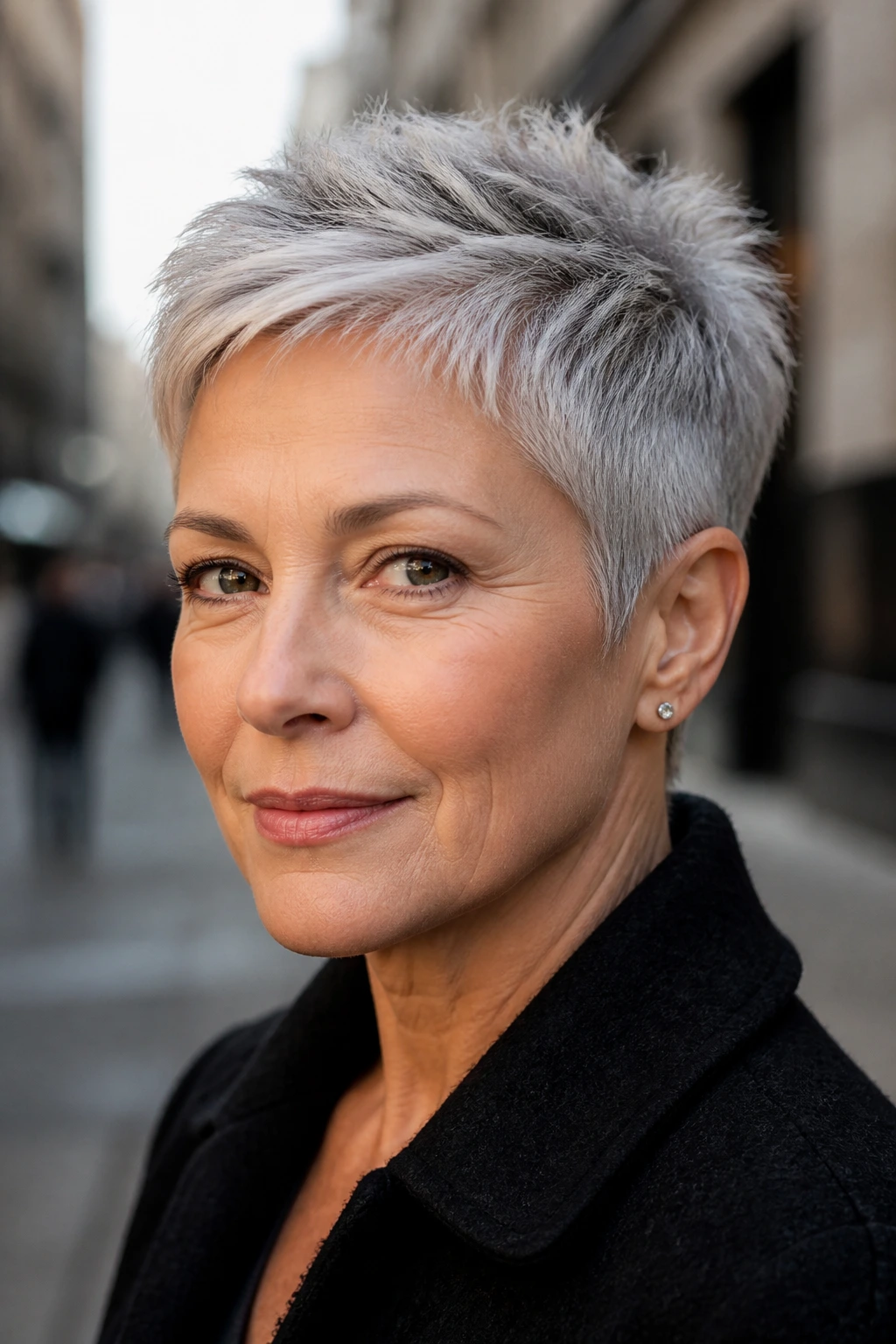 Portrait of woman with frosted platinum crop and shadow root in morning light.