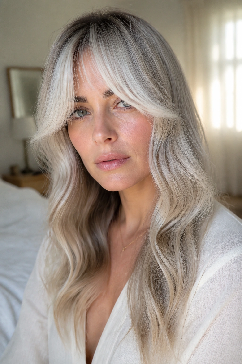 Real woman with frosted platinum curtain bangs framing her face.