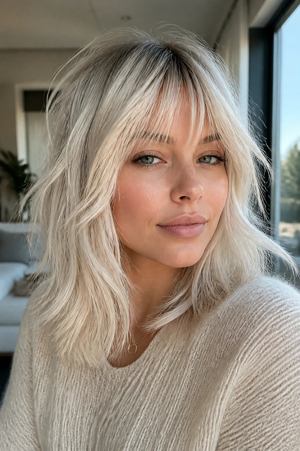 Close-up of a woman with frosted platinum shag and wispy fringe