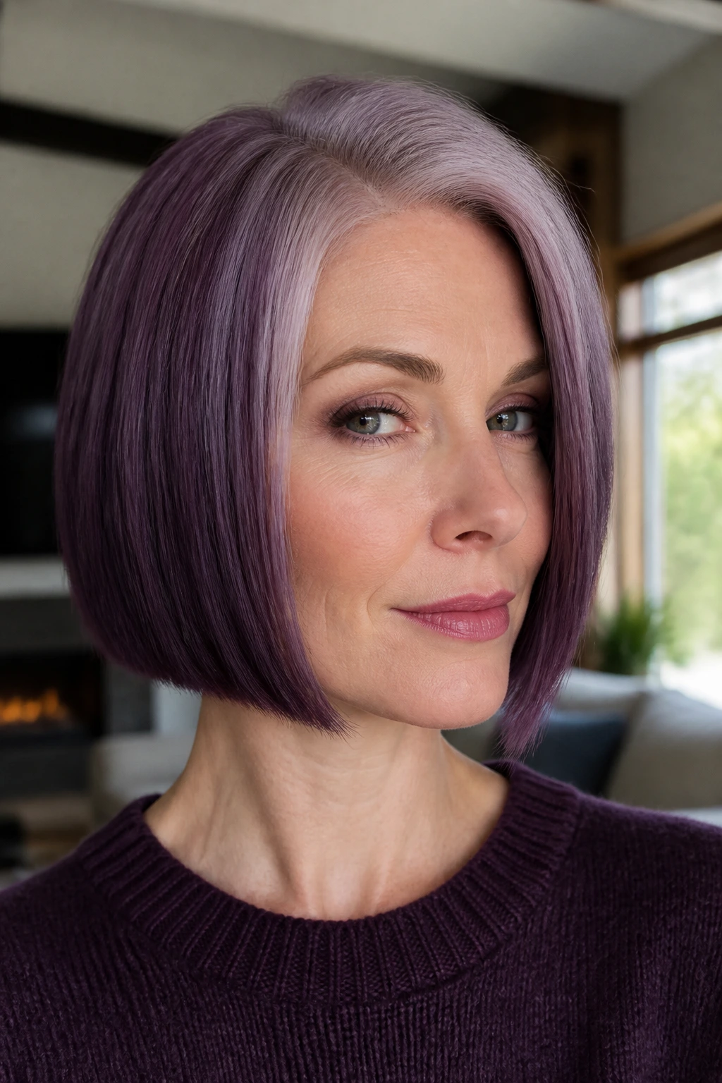 Close-up portrait of a real woman with a frosted plum bob featuring blunt cut and cool blue-based plum shade