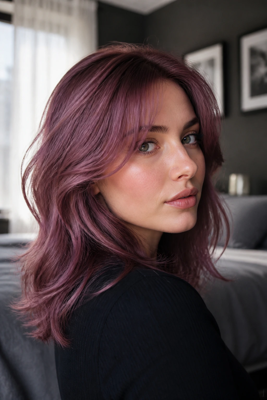Close-up portrait of a real person with frosted plum hair in cool purple tones