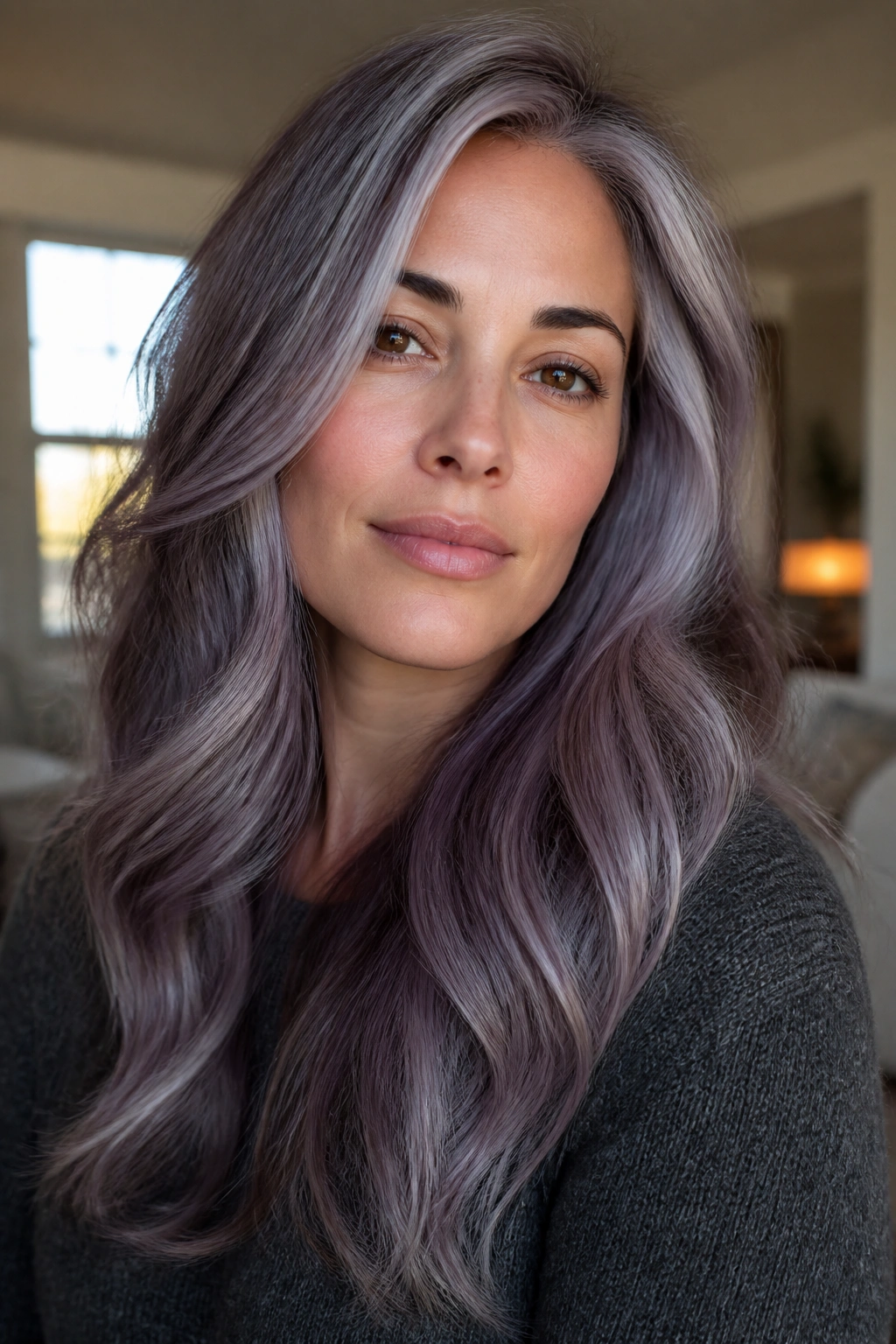 Close-up portrait of woman with frosted purple-grey balayage hair, long layers and crown highlights.