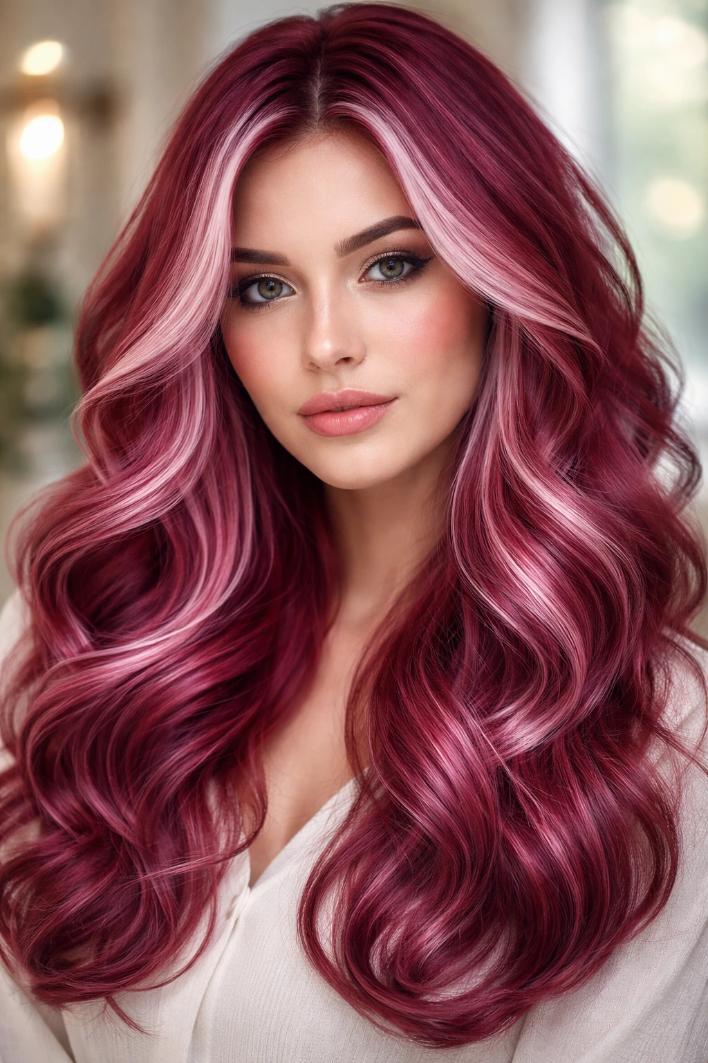 Close-up portrait of a person with frosted raspberry hair and icy highlights