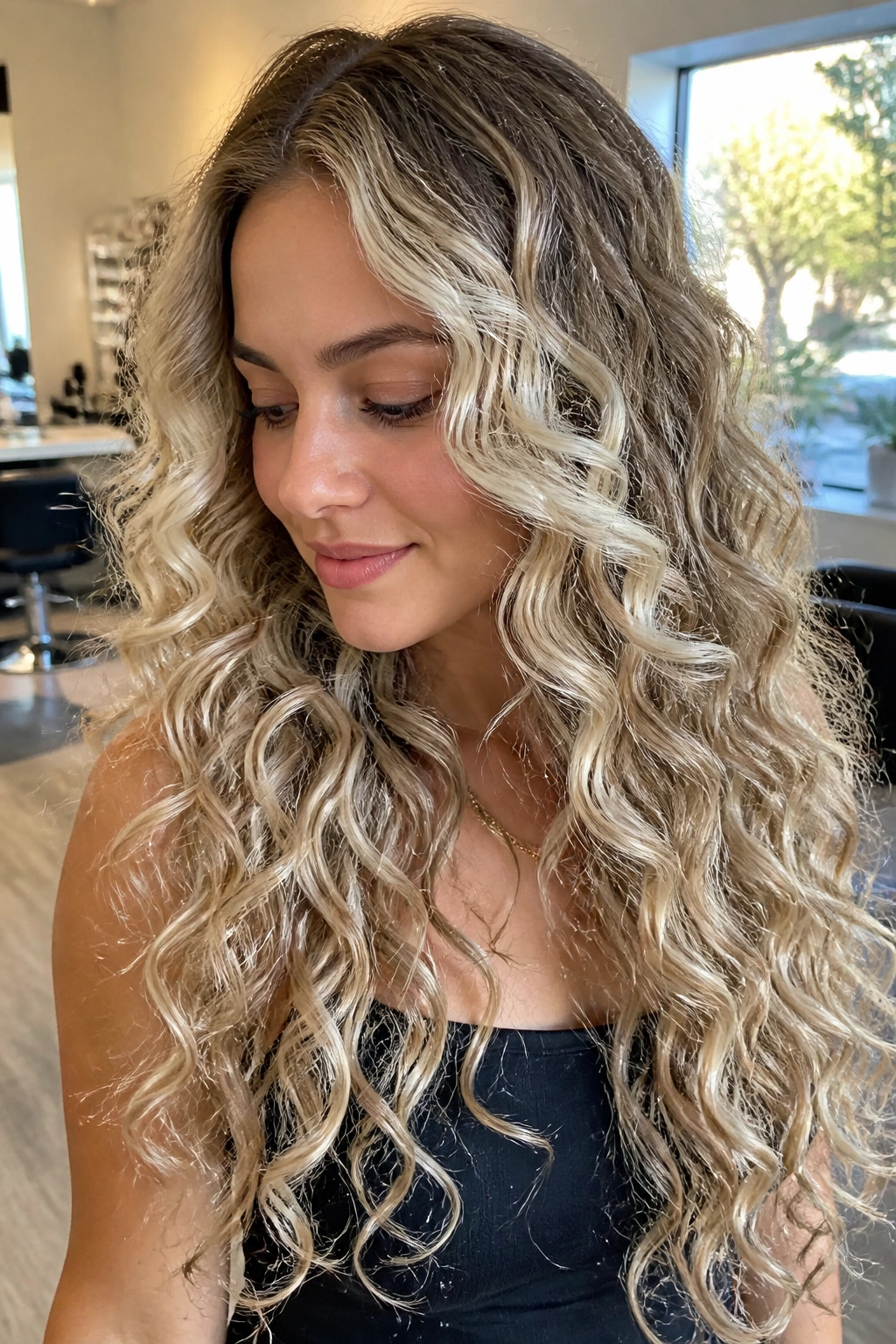 Medium close-up of a real woman with long curly hair and frosted ribbon blonde highlights