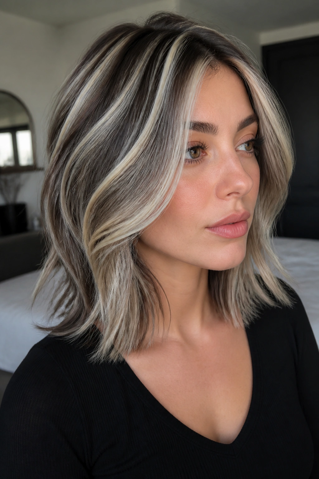 Close-up portrait of a real woman with cool-toned frost ribbons woven through layered hair
