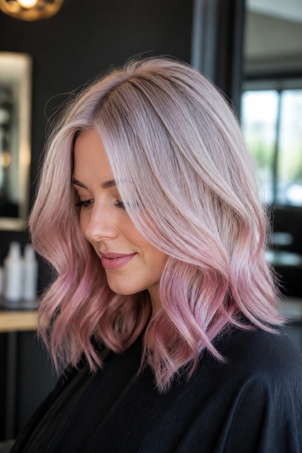 Shoulder-length hair with icy crown fading to frosted rose ends on a real person