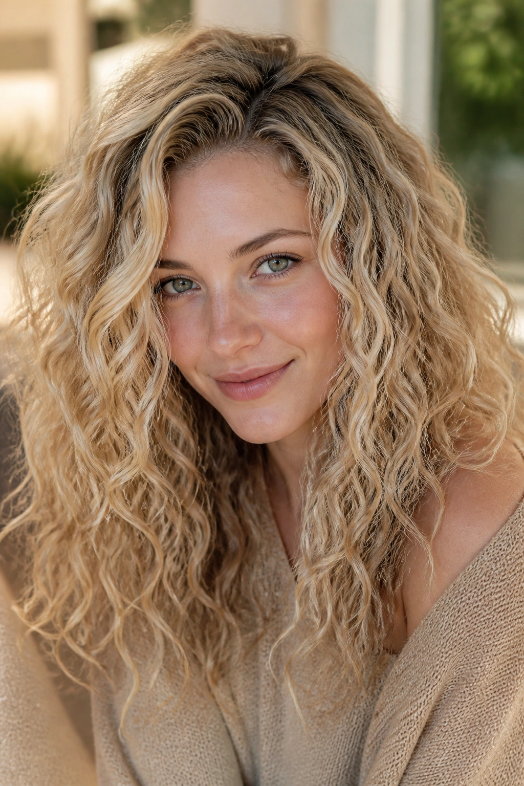 Real woman with frosted sandy blonde curls and ash-beige highlights