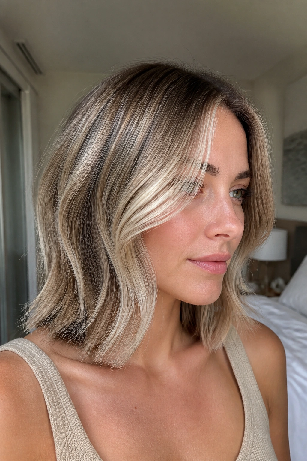 Close-up portrait of a real woman with a frosted sandy blonde lob framing cool skin.