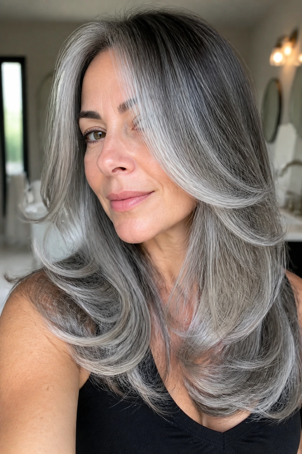 Long layered hair with frosted silver highlights on blown-out layers.