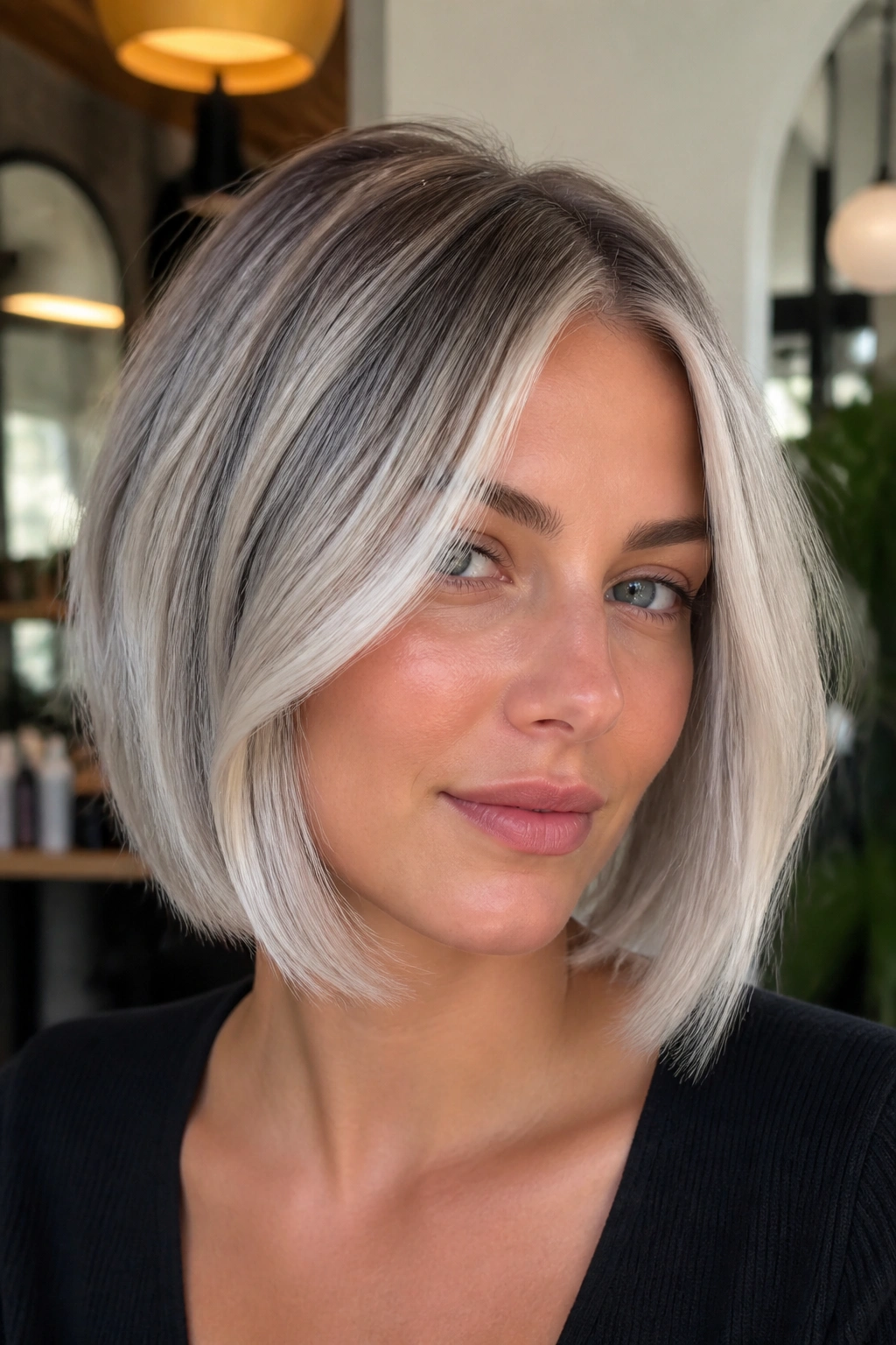 Real woman with frosted silver bob and face-framing ribbons
