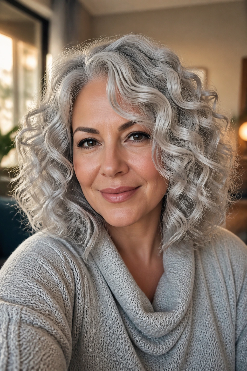 Close-up of a real woman with frosted silver curls and soft diffused layers