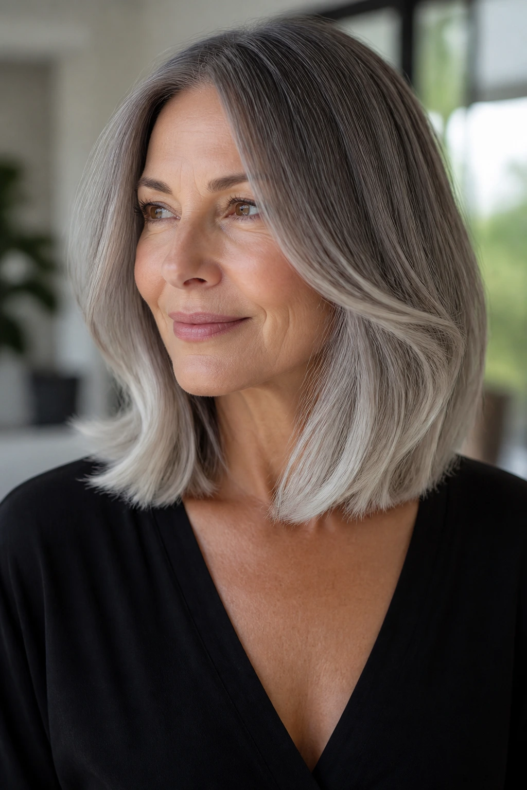 Close-up of a woman with a long bob and frosted silver ends.