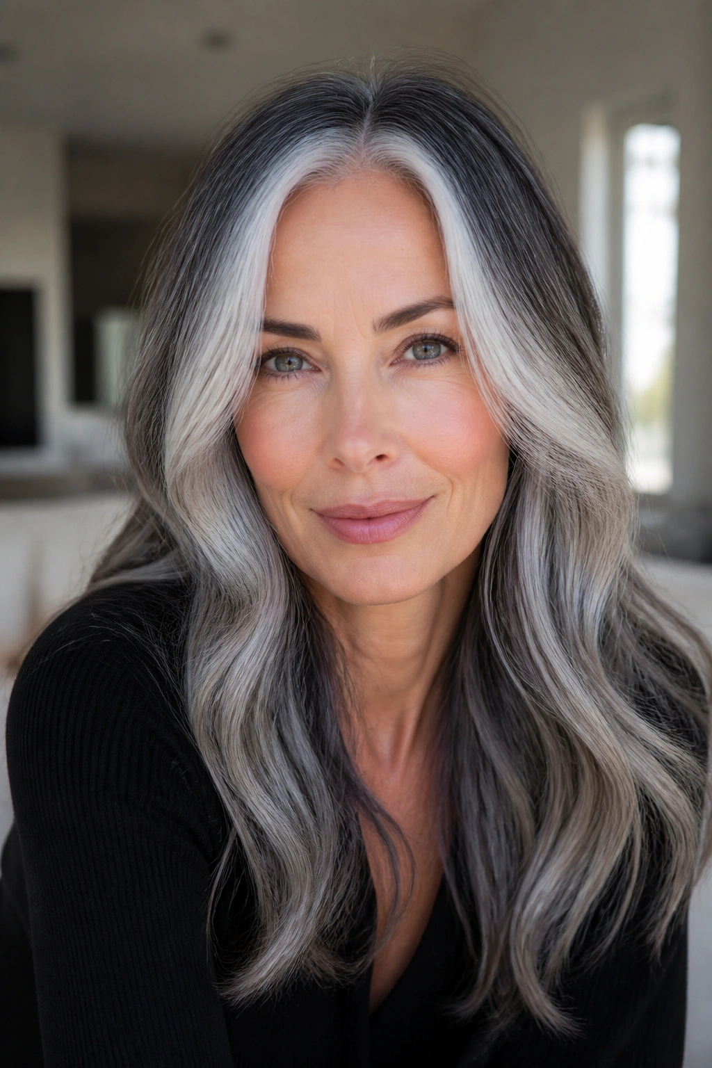 Portrait of a real woman with frosted silver front money pieces framing the face