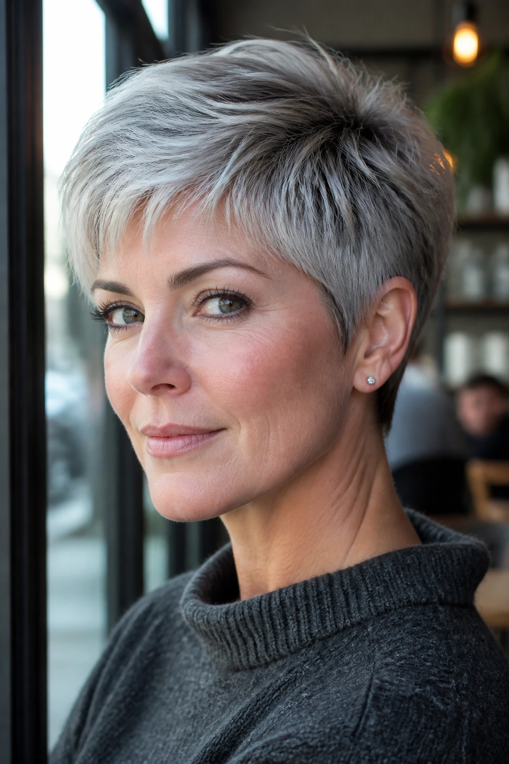 Close-up of a real person with a frosted silver pixie and dark lowlights