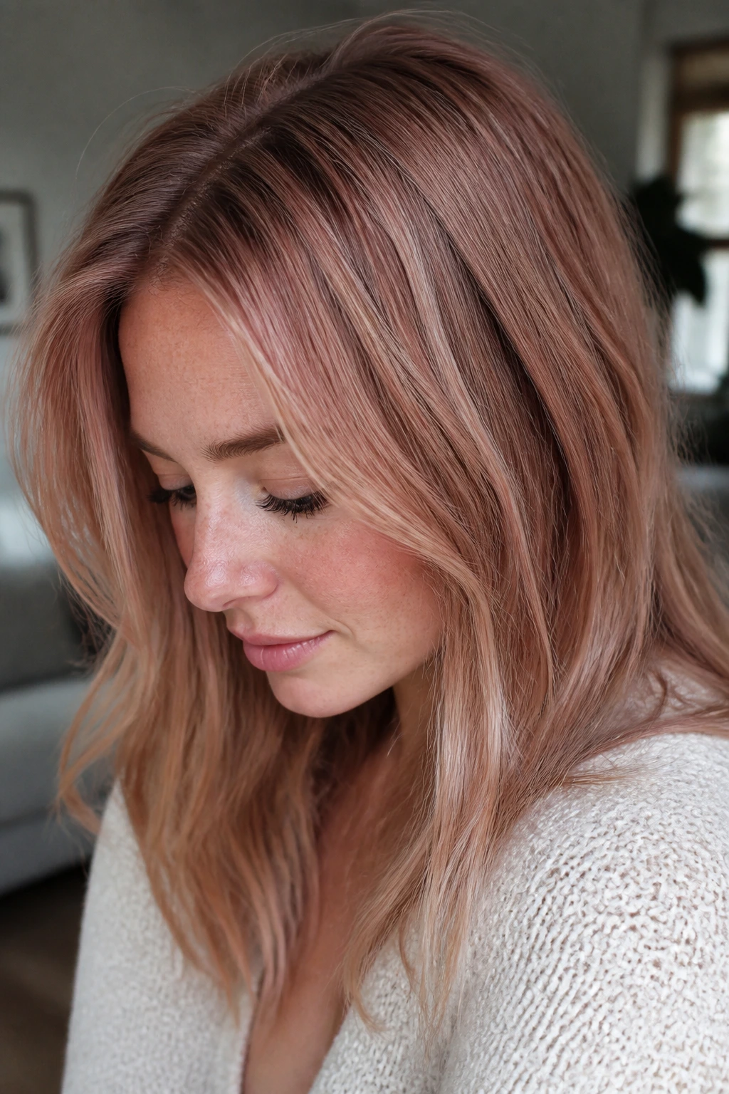 Close-up of a real woman with frosted strawberry babylights on fine hair