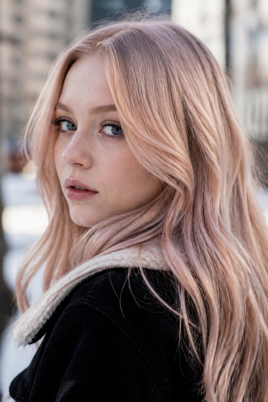 Close-up portrait of a real person with frosted strawberry blonde hair outdoors
