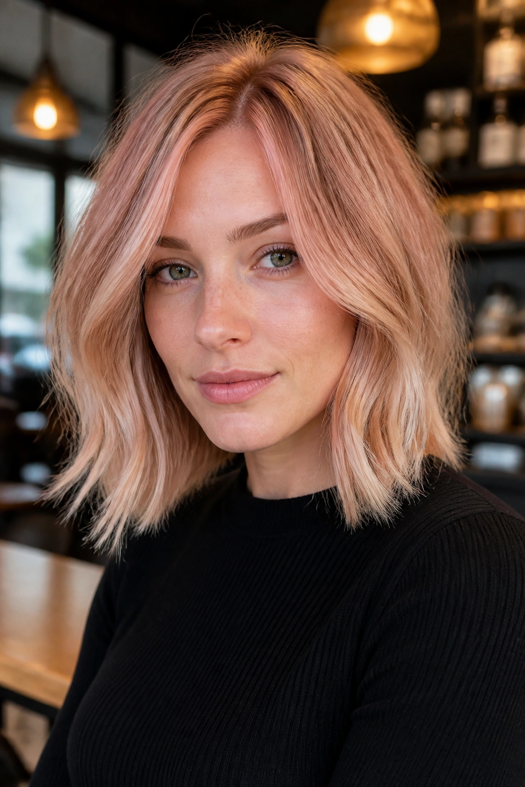 Close-up of a real person with Frosted Strawberry Blonde Lob in ambient daylight