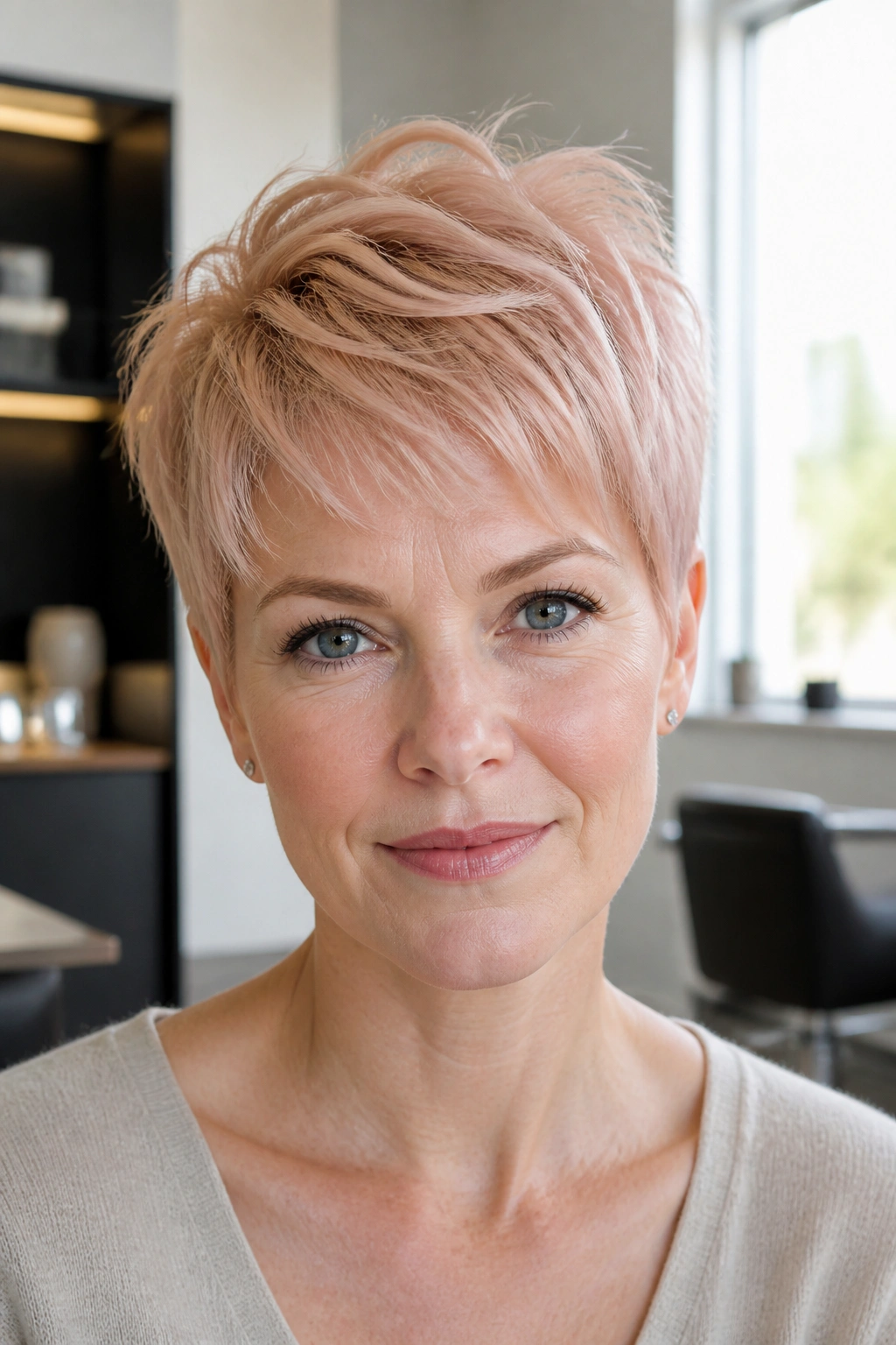 Close-up of real person with frost strawberry blonde pixie cut.