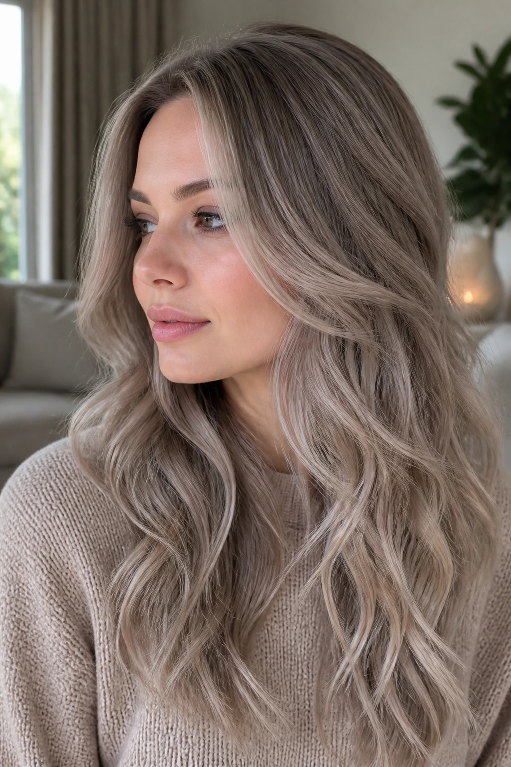 Portrait of a woman with frosted taupe blonde in soft waves