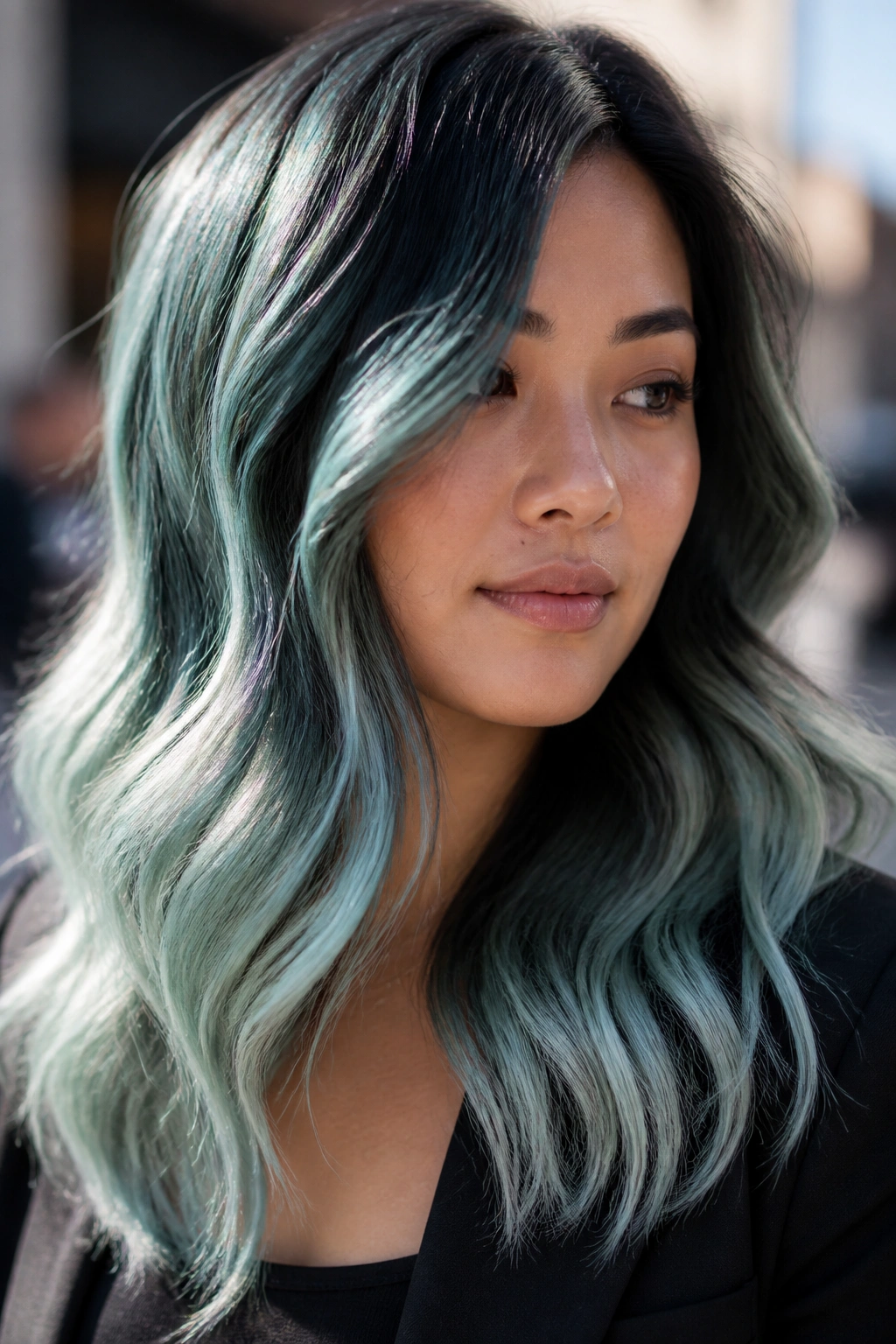 Real person with frosted teal balayage through mids and ends with a silver cast
