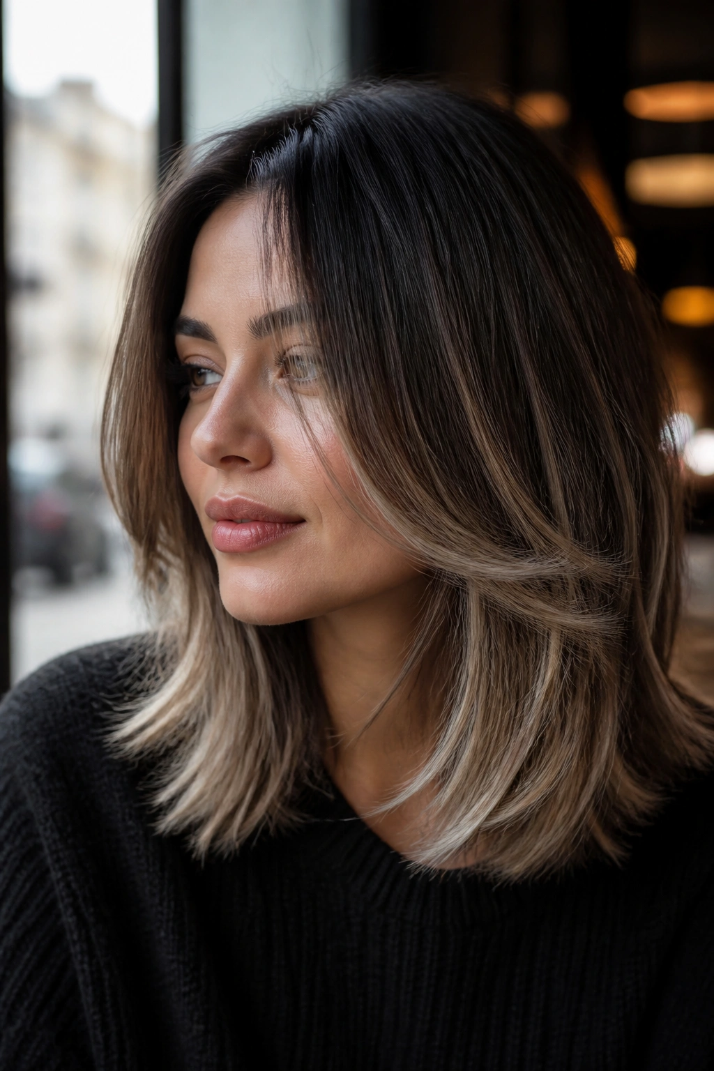 Close-up of layered shoulder-length brown hair with frosted tips