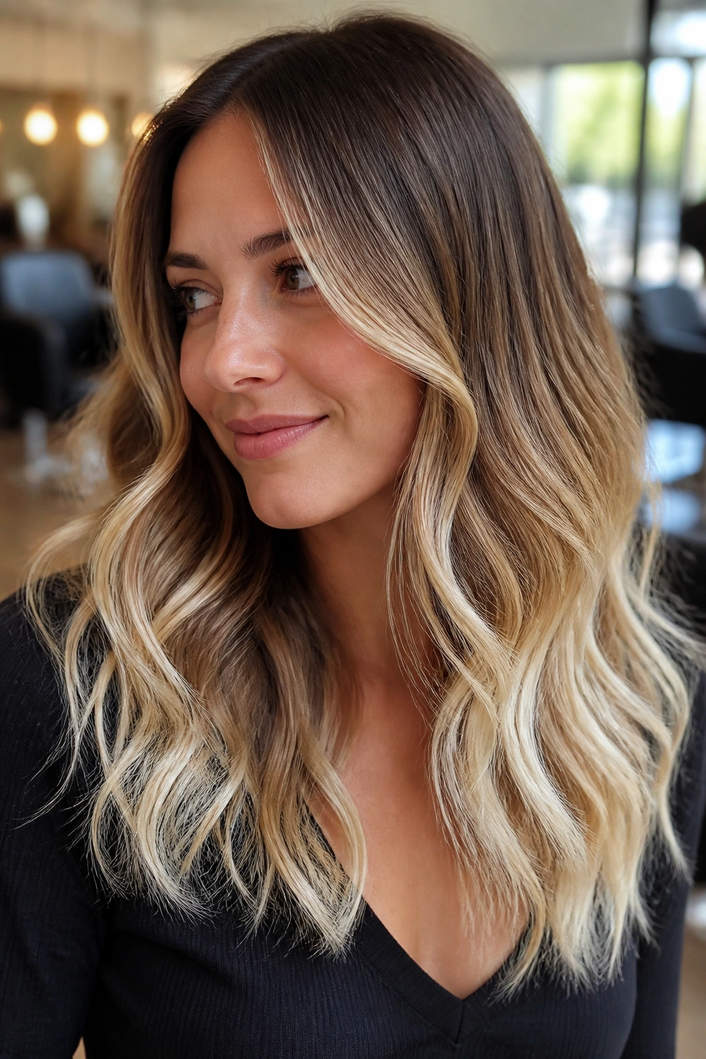Close-up of a real person with shoulder-length wavy hair and frosted tips in soft salon light.