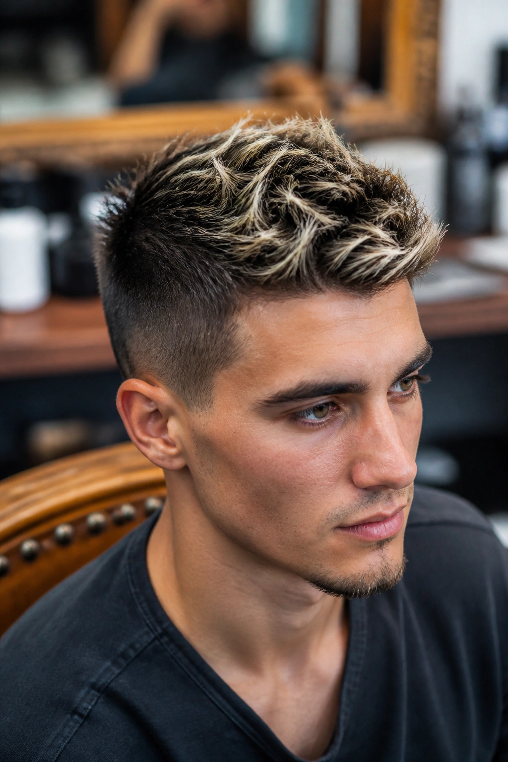 Close-up portrait of a real man with frosted tips on a short crop in a barber shop setting.