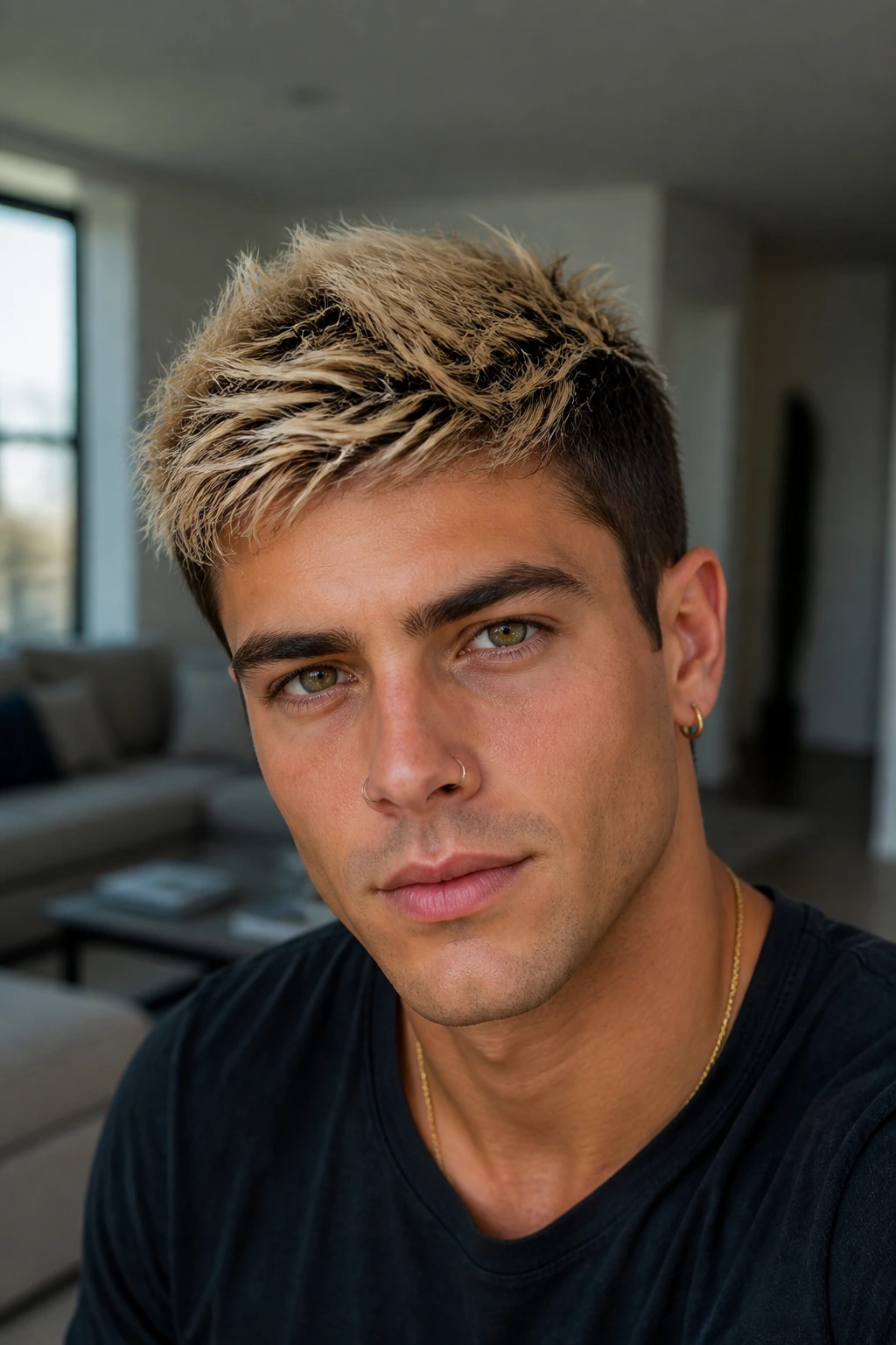 Close-up of a man with frosted tips hairstyle in a modern living room