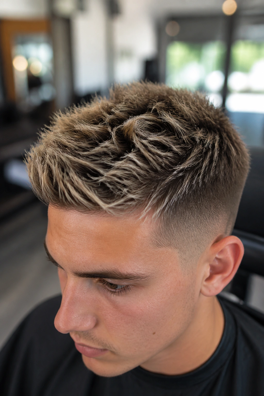 Close-up of short hair with frosted tips in a barbershop setting