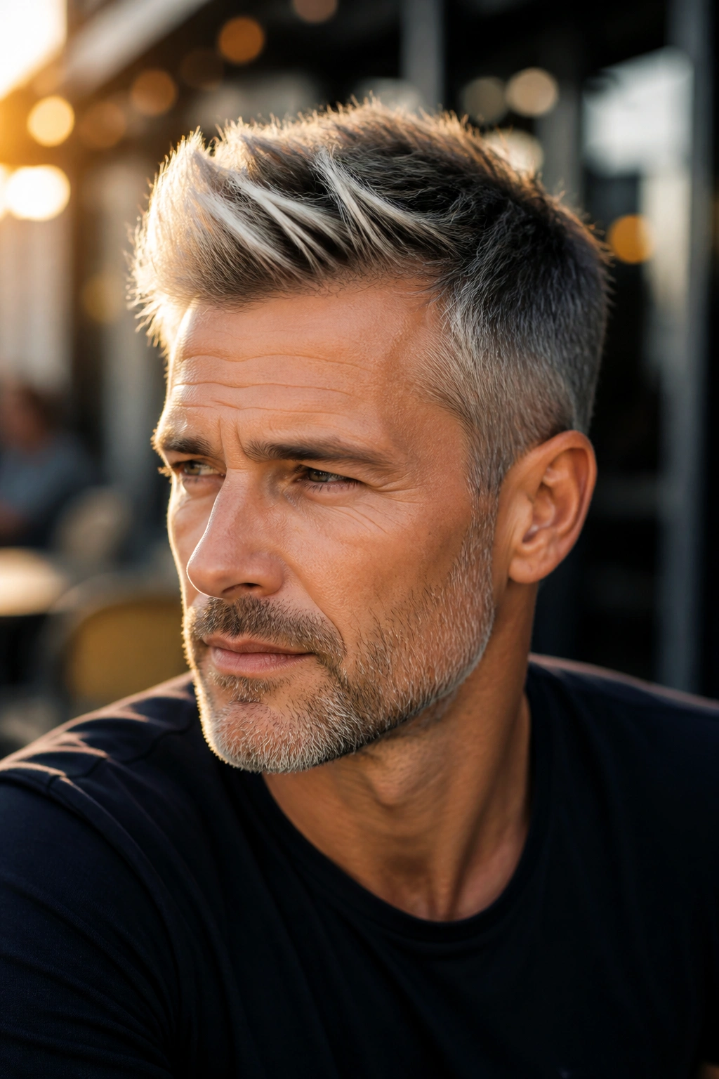Man with frosted tips on short hair in a street cafe setting.