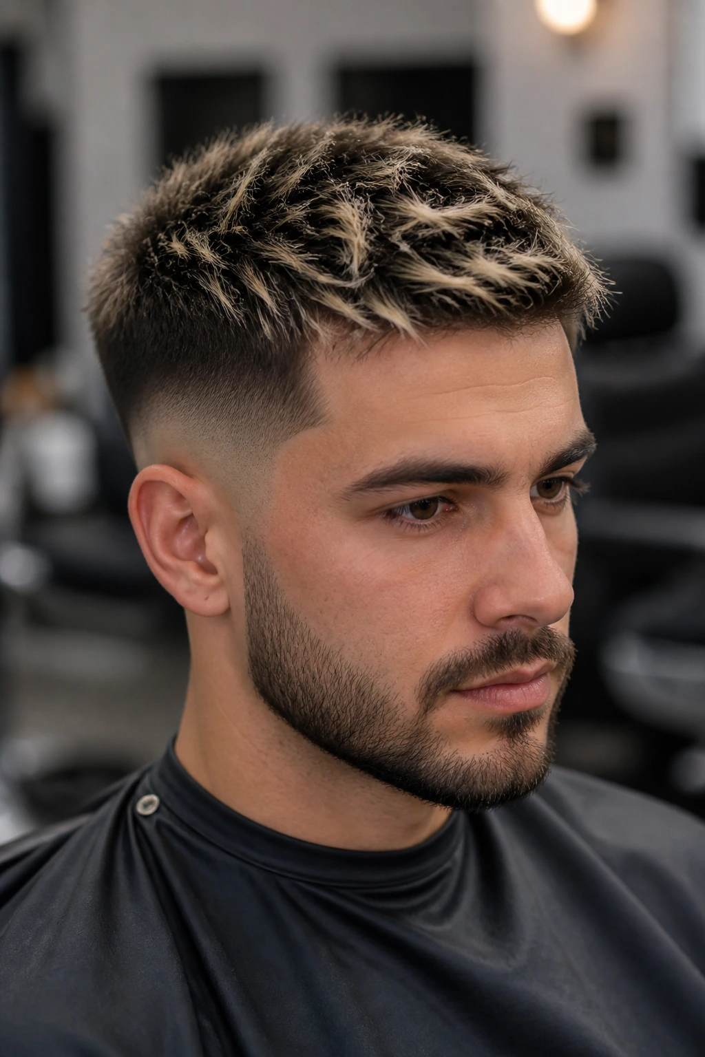 Close-up of a real man with dark base hair and light frosted tips on top in a taper fade