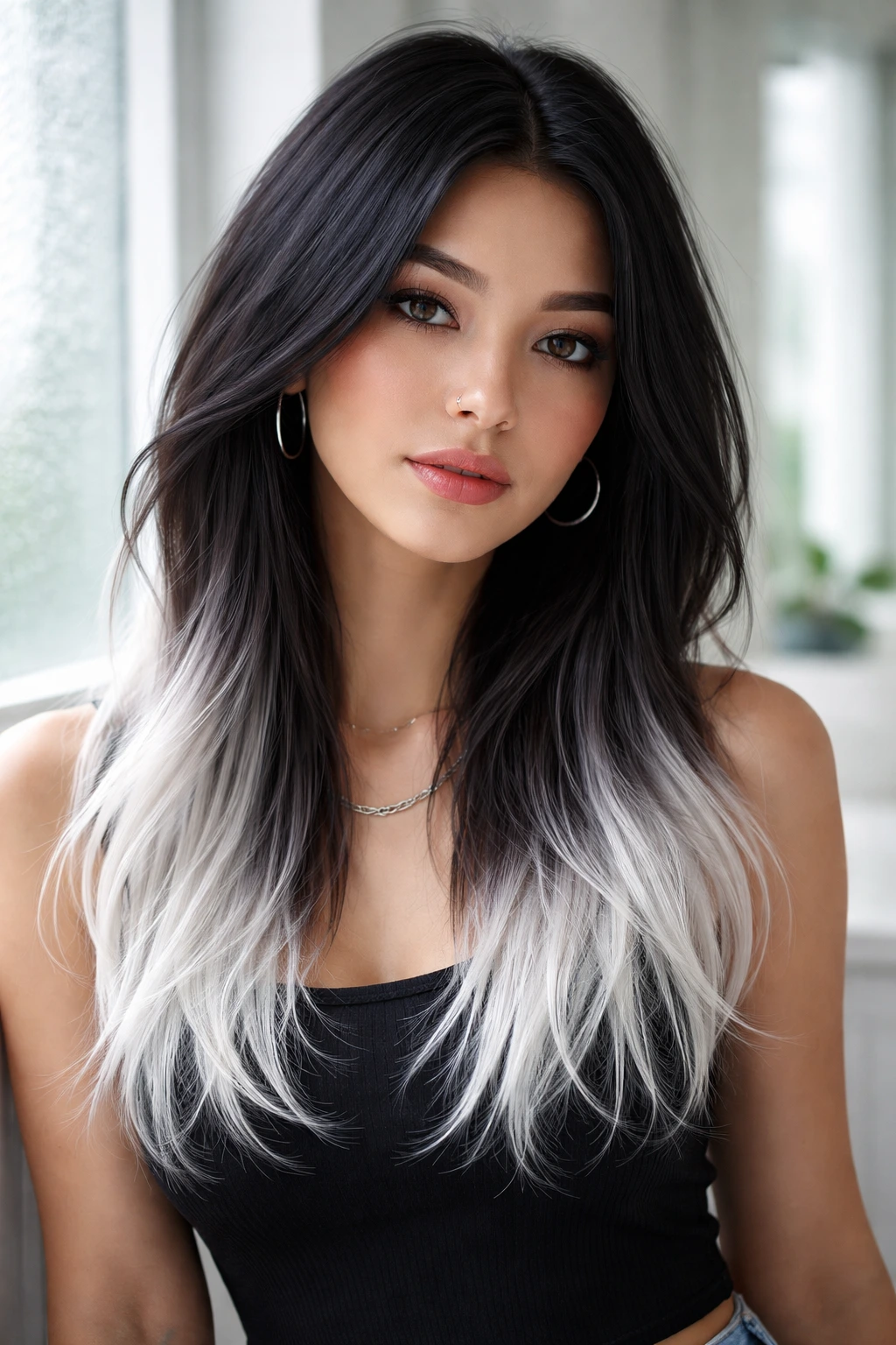 Close-up of a real person with frosted white tips on dark hair