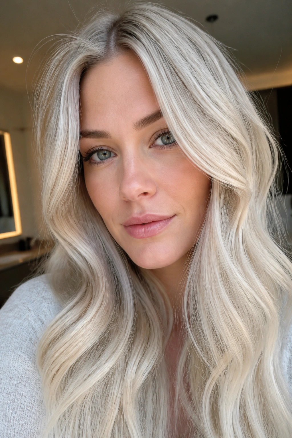Close-up portrait of a real woman with Frosted Vanilla Blonde ash-toned hair around the face