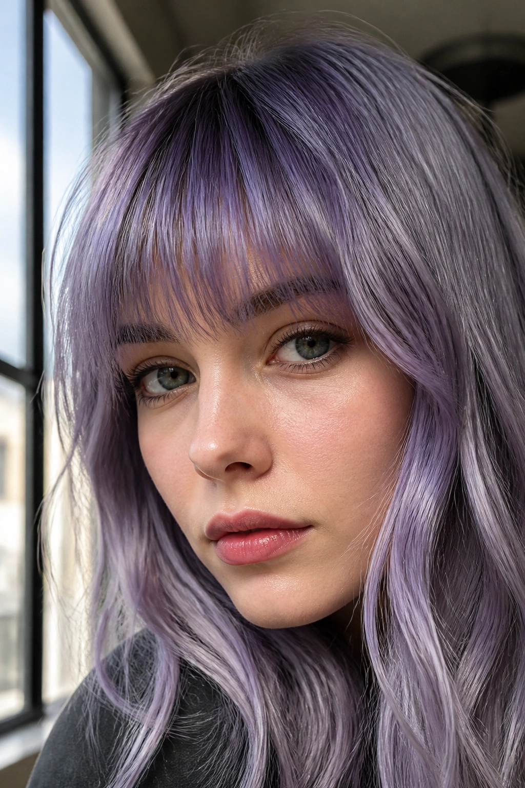 Close-up portrait of a real person with frosted violet fringe.