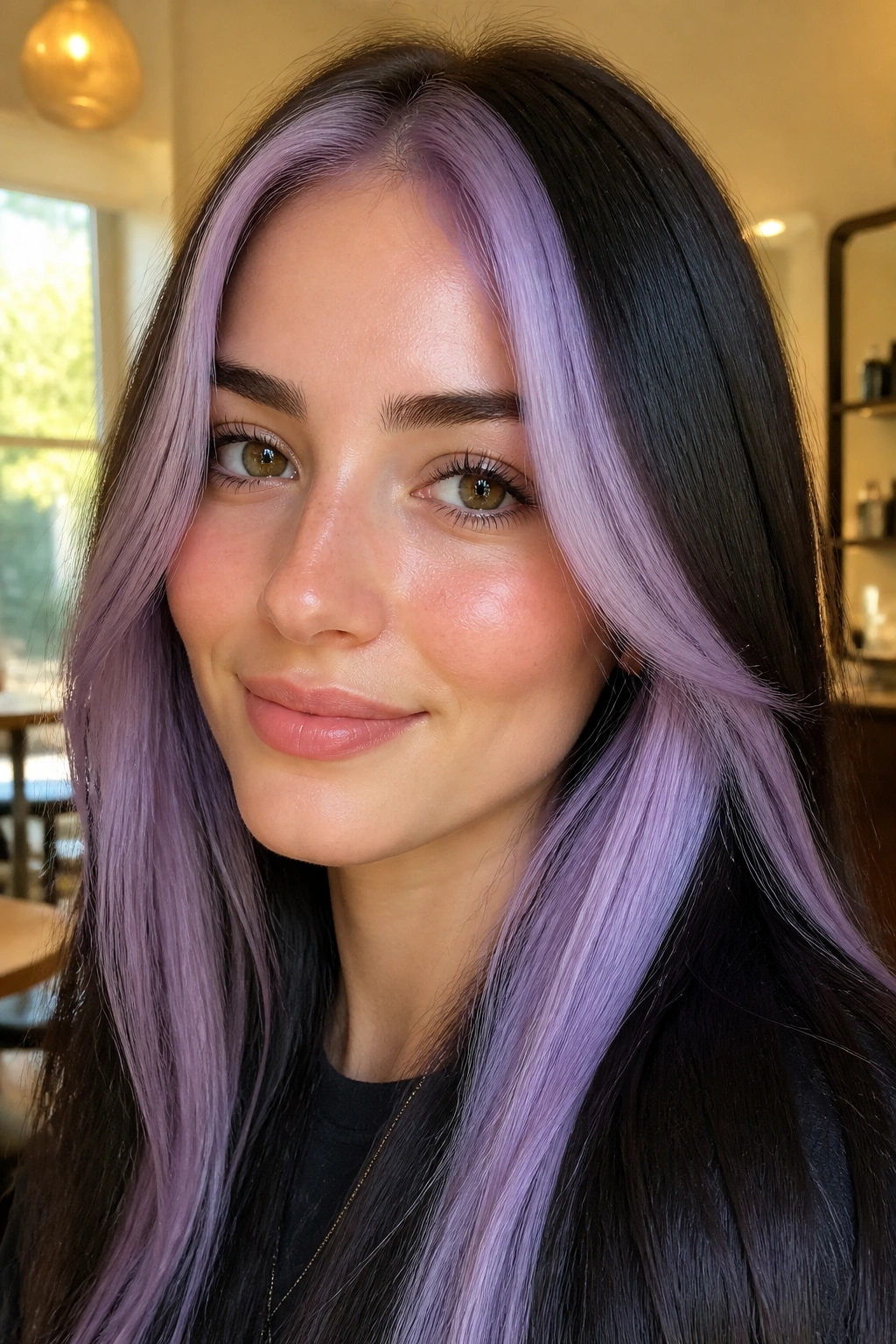 Close-up of a woman with a frosted violet money piece framing her face in warm salon light